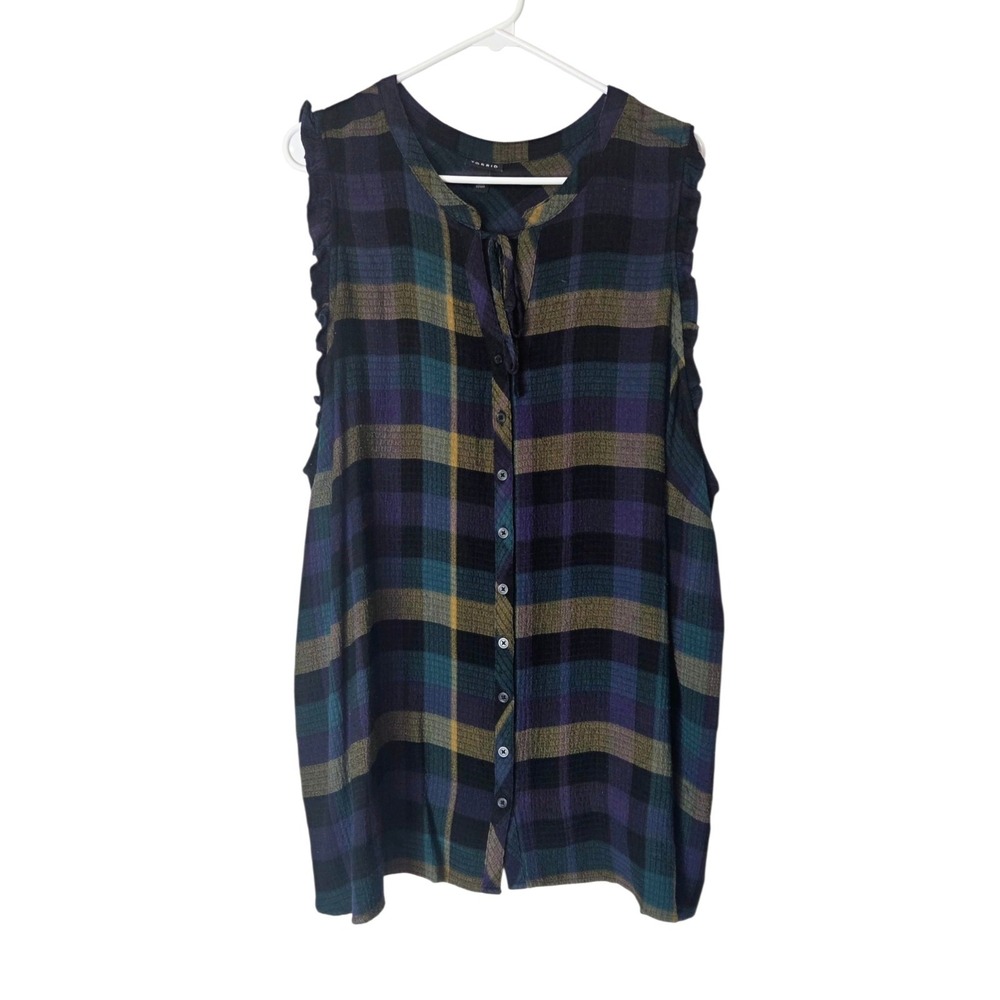 Torrid Ruffle Trim Tank Crinkle Flannel Gauze Plaid Button Up Front Women's 4X